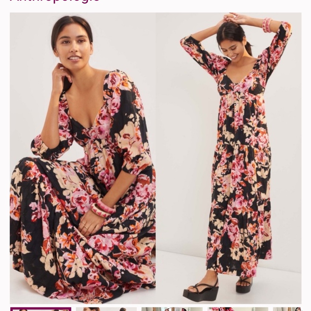 Anthropologie Black and Pink Floral Maxi Dress